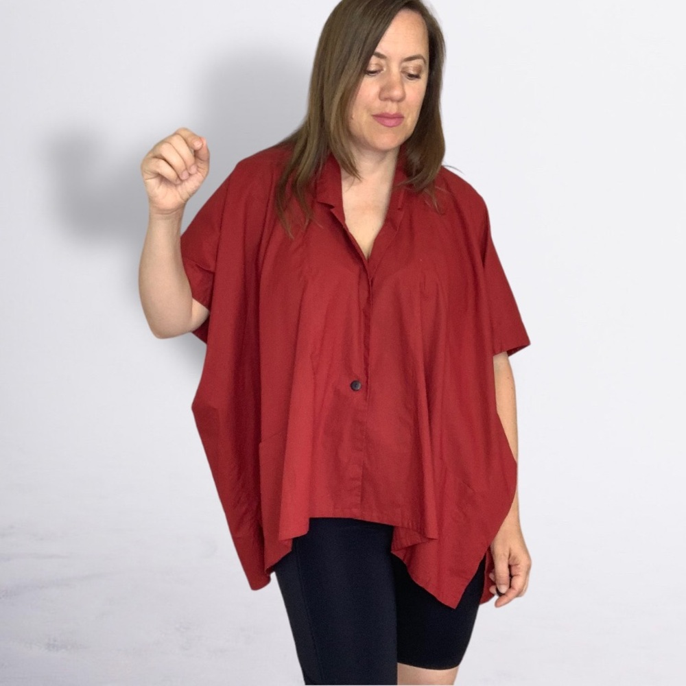 Kaliyana Asymmetrical Red Oversized Cotton Top Shirt One Button Closure One Size